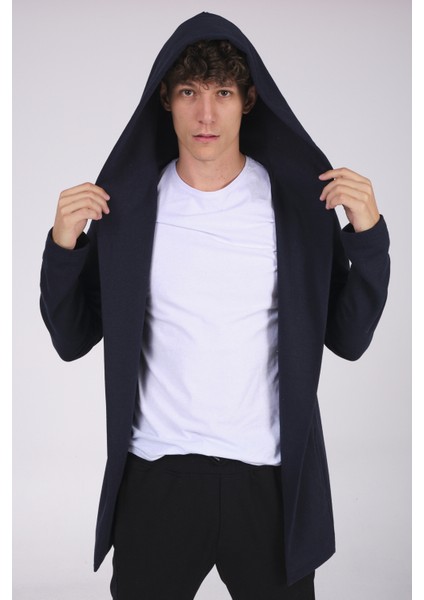 Erkek Lacivert Regular Fit Kapüşonlu Uzun Hırka RF0002