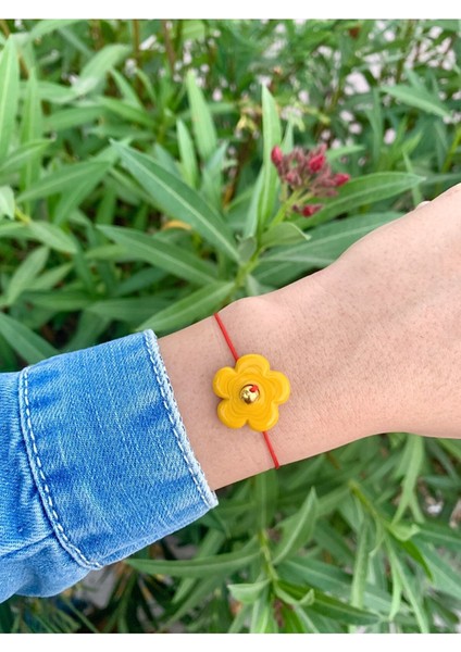 Cam Sarı Çiçek Kırmızı Ip Bileklik