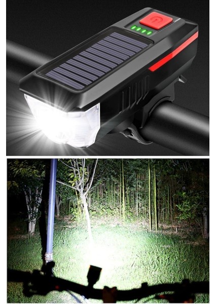 Kornalı Bisiklet Feneri Solar Güneş Enerji ve USB ile Şarj Edilebilir Su Geçirmez T6 LED Feneri Kırm
