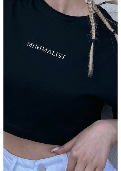 Siyah Minimalist Baskılı Crop Tişört