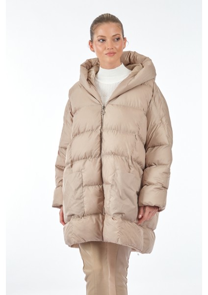 Kapüşonlu Oversize Ekru Kadın Mont 1102644