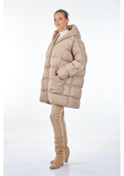 Kapüşonlu Oversize Ekru Kadın Mont 1102644