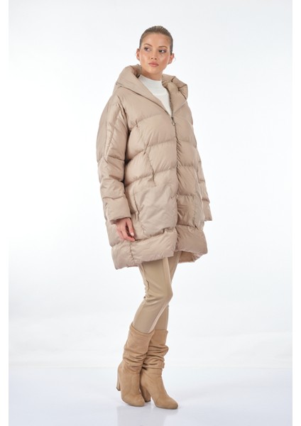 Kapüşonlu Oversize Ekru Kadın Mont 1102644