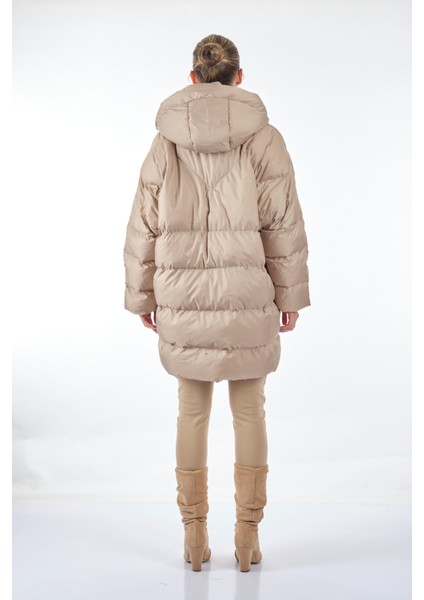 Kapüşonlu Oversize Ekru Kadın Mont 1102644