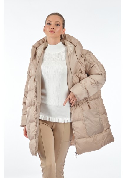 Kapüşonlu Oversize Ekru Kadın Mont 1102644