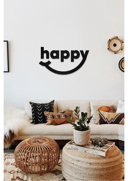 Happy Temalı Dekoratif Ahşap Tablo