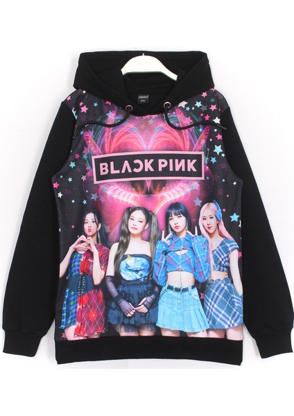 Blackpink Korean Pop Grup Dijital Baskı Kız Çocuk Siyah Renk Kapüşonlu Sweatshirt Hoodie