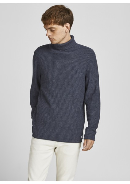 Jack & Jones Balikçi Yaka Düz Koyu Lacivert Erkek Kazak 12199940_JPRBLUCARLOS Knit Roll Nec