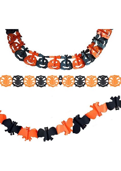 Turuncu Siyah Renk Halloween Temalı Kağıt Figürlü Asma Ip Süs 3 Model