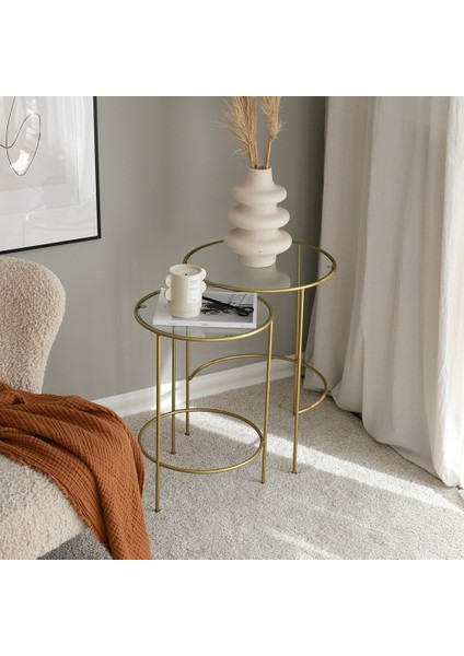 Meri Yuvarlak 2'li Zigon Yan Sehpa Gold DNDR-001