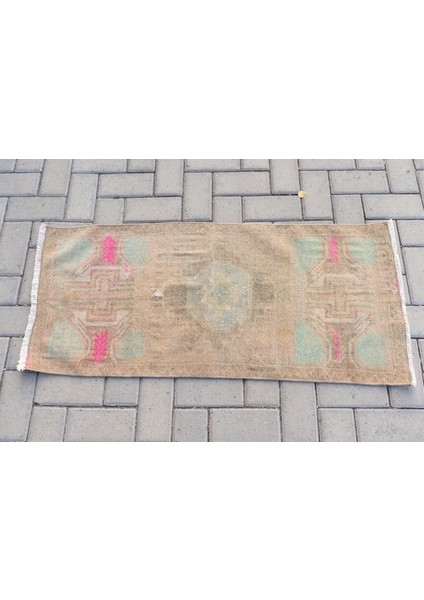 Türk Halısı, Eskitme Halı, Halı, 52X112 cm Bej Halı, Anadolusı Araba Paspası Halı, 8235