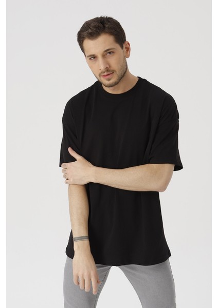 Erkek Siyah Oversize Basic Kısa Kollu T-Shirt