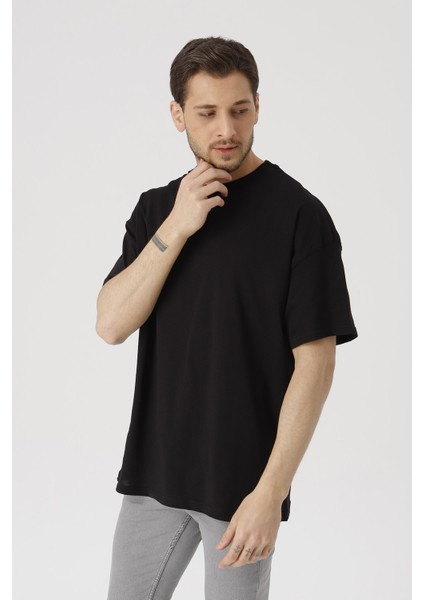 Erkek Siyah Oversize Basic Kısa Kollu T-Shirt
