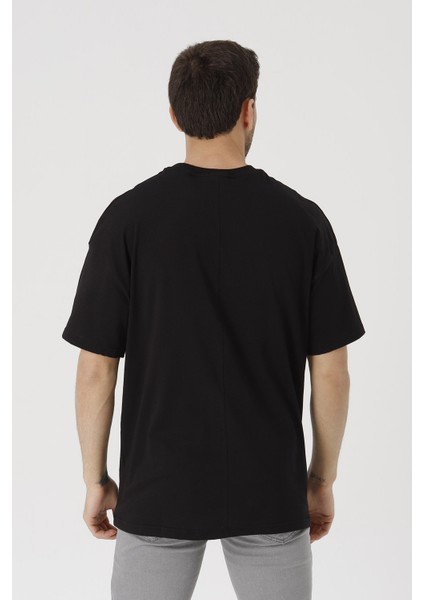 Erkek Siyah Oversize Basic Kısa Kollu T-Shirt