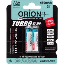 Orion  650MAH Ni-Mh Aaa Şarj Edilebilir Ince Kalem Pil 2'li Paket