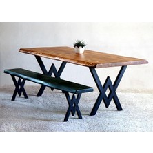 Doğal Ağaç Masif Kütük Masa 75CM x 115CM + 1 Bank Bench ( Metal Ayak )