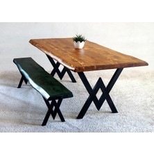 Doğal Ağaç Masif Kütük Masa 90CM x 150CM + 1 Bank Bench ( Metal Ayak )
