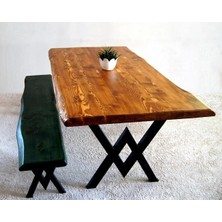 Doğal Ağaç Masif Kütük Masa 90CM x 150CM + 1 Bank Bench ( Metal Ayak )