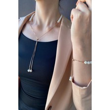 Birinci1926 BIRINCI1926 925 Ayar Gümüş Rose Gold Renkliyarısı Inci Yarısı Zincir Asansör Kolye