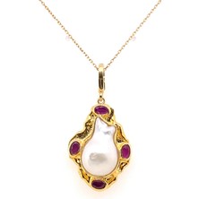 Birinci1926 BIRINCI1926 925 Ayar Gümüş Mother Of Pearl Kırmızı Taşlı Barok Kolye