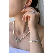 Birinci1926 Çiçek Modelli Zirkon Taşlı Doğal İncili Küpe Kolye Bileklik Yüzük Dörtlü Set