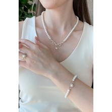 Birinci1926 BIRINCI1926 14 Ayar Yeşil Altın Kadın Taşlı Inci Yüzük Kolye Bileklik Üç'lü Set