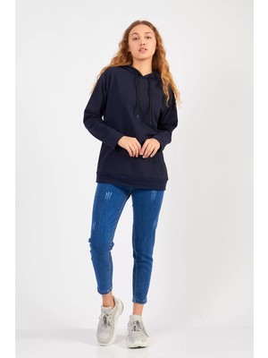 Moda Kargül Bisiklet Yaka Owersıze Kapüşonlu Sweatshirt -Siyah