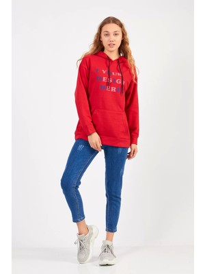 Moda Kargül Bisiklet Yaka Owersıze Kapüşonlu Your Baskılı Sweatshirt -Kırmızı