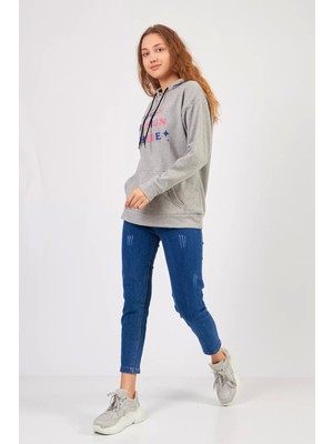 Moda Kargül Bisiklet Yaka Owersıze Kapüşonlu Your Baskılı Sweatshirt -Gri
