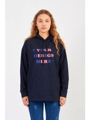 Moda Kargül Bisiklet Yaka Owersıze Kapüşonlu Your Baskılı Sweatshirt -Lacivert