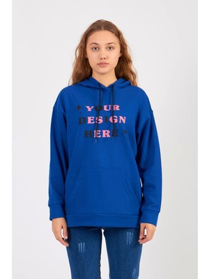 Moda Kargül Bisiklet Yaka Owersıze Kapüşonlu Your Baskılı Sweatshirt -Mavi