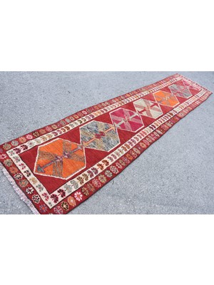 Kayra Export Eskitme Kilim, Türk Kilim, Runner Kilim, 85X380 Cm Kırmızı Kilim, El Dokuma Kilim, Merdivensı Kilim,