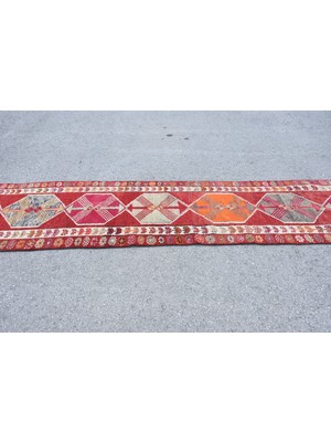 Kayra Export Eskitme Kilim, Türk Kilim, Runner Kilim, 85X380 Cm Kırmızı Kilim, El Dokuma Kilim, Merdivensı Kilim,