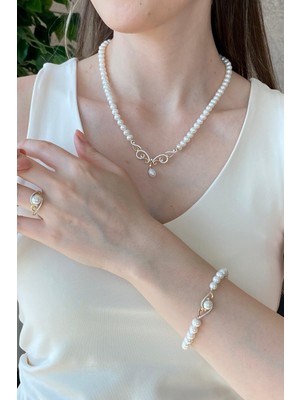 Birinci1926 BIRINCI1926 14 Ayar Yeşil Altın Kadın Taşlı Inci Yüzük Kolye Bileklik Üç'lü Set