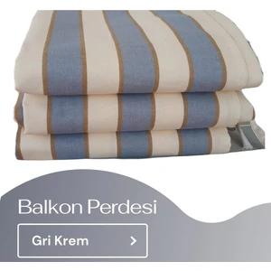 Korniş Düğmeli ve Bağcıklı Pamuklu Kumaştan Gri - Krem Balkon Perdesi