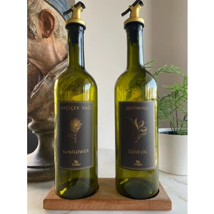 Gold 2'li 750 ml Zeytinyağı Sıvıyağ Şişesi Damlatmaz Yağdanlık Yağlık Ahşap Standlı Altın