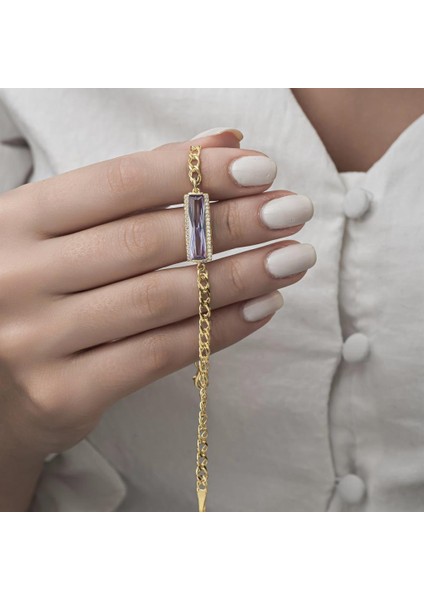 Mor Baget Taşlı Altın Kaplama 925 Gümüş Kadın Bileklik