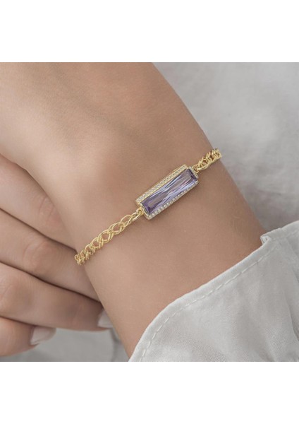 Mor Baget Taşlı Altın Kaplama 925 Gümüş Kadın Bileklik indirimleri
