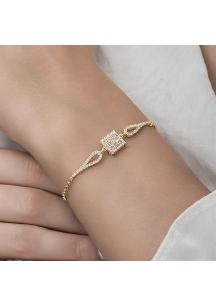 Zirkon Kare Baget Taşlı Altın Kaplama 925 Gümüş Kadın Bileklik indirimleri