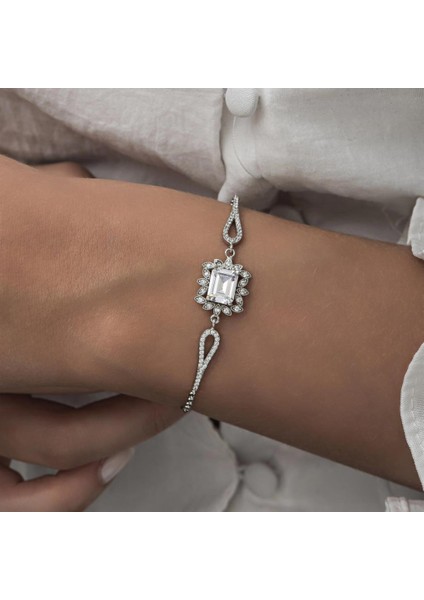 Zirkon Süslemeli Baget Taşlı Rodyum Kaplama 925 Gümüş Kadın Bileklik