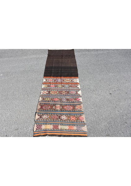 68X239 Cm Kahverengi Kilim, Yün Kilim, Mutfaksı Kilim, 530