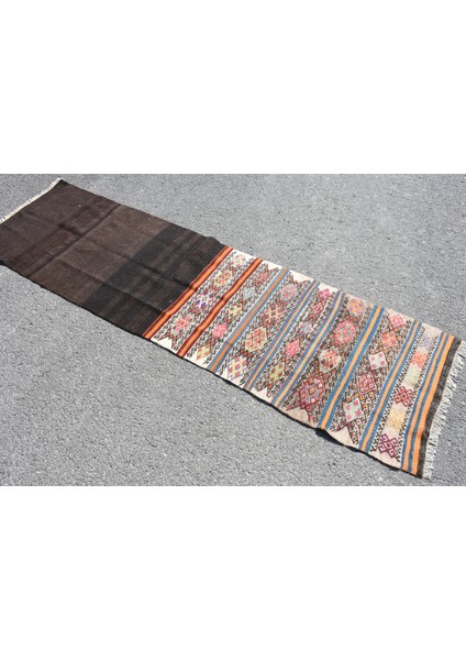 68X239 Cm Kahverengi Kilim, Yün Kilim, Mutfaksı Kilim, 530