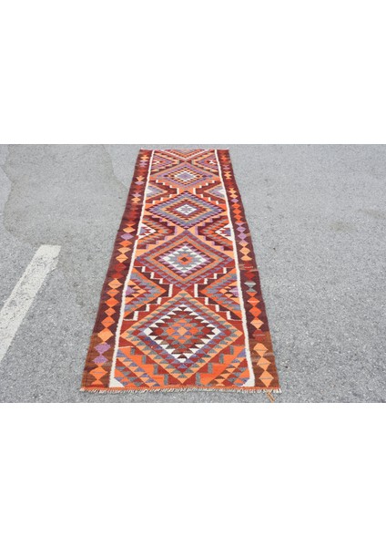 91X290 Cm Turuncu Kilim, El Dokuma Kilim, Mutfaksı Kilim,