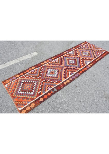 91X290 Cm Turuncu Kilim, El Dokuma Kilim, Mutfaksı Kilim,