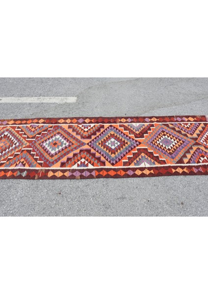 91X290 Cm Turuncu Kilim, El Dokuma Kilim, Mutfaksı Kilim,