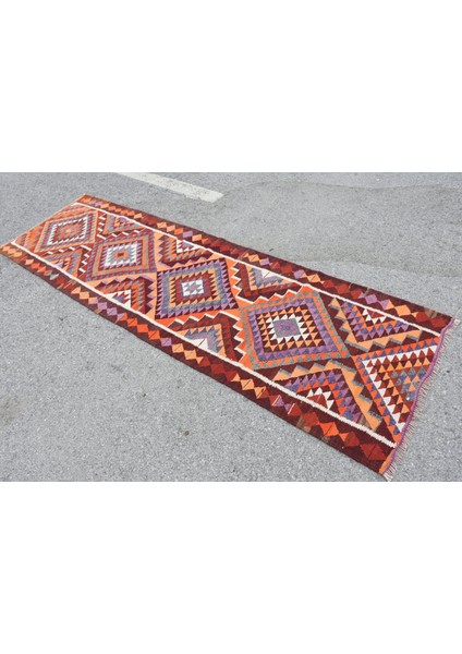 91X290 Cm Turuncu Kilim, El Dokuma Kilim, Mutfaksı Kilim,