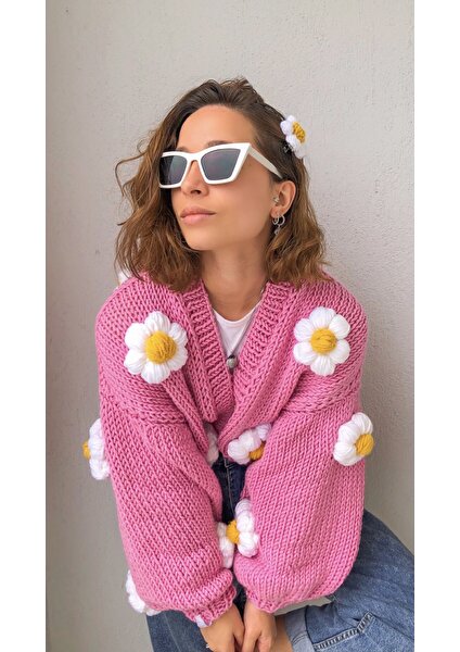 Organic Mira Organıcmıra Pembe Çiçekli Hırka Kadın Papatyalı Ceket Oversize Chunky Cardigan