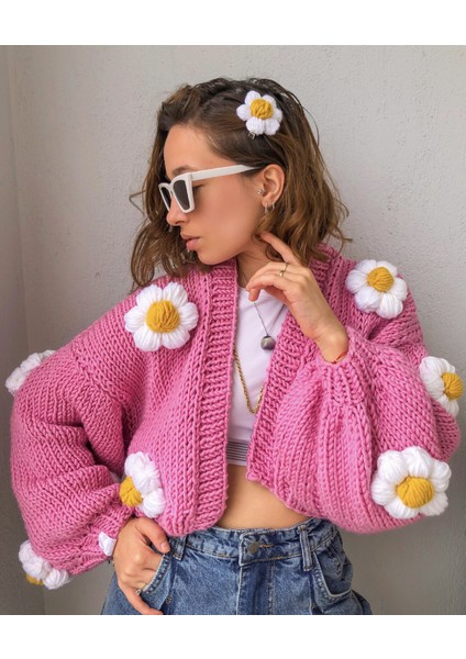 Organic Mira Organıcmıra Pembe Çiçekli Hırka Kadın Papatyalı Ceket Oversize Chunky Cardigan