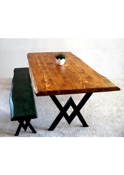 Doğal Ağaç Masif Kütük Masa 75CM x 185CM + 1 Bank Bench ( Metal Ayak ) modelleri
