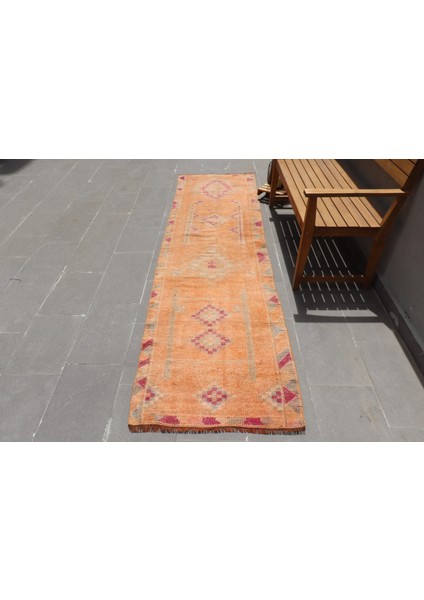 Türk Halısı, Eskitme Halı, Halı, 78X295 Cm Turuncu Halı, Bohemsı Merdiven Halı, 7081